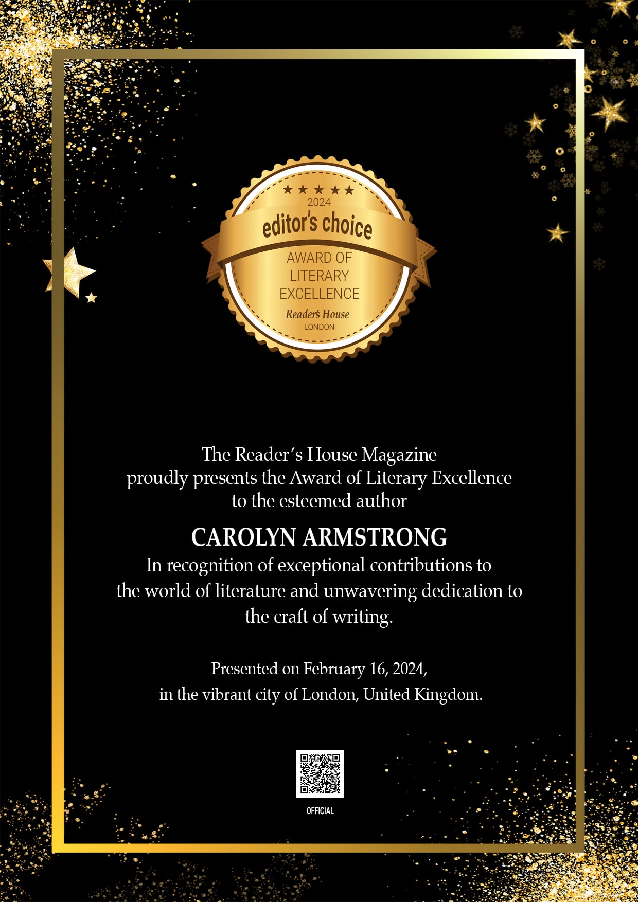 Reader's House Magazine Editors Choice Award presented to Carolyn Armstrong